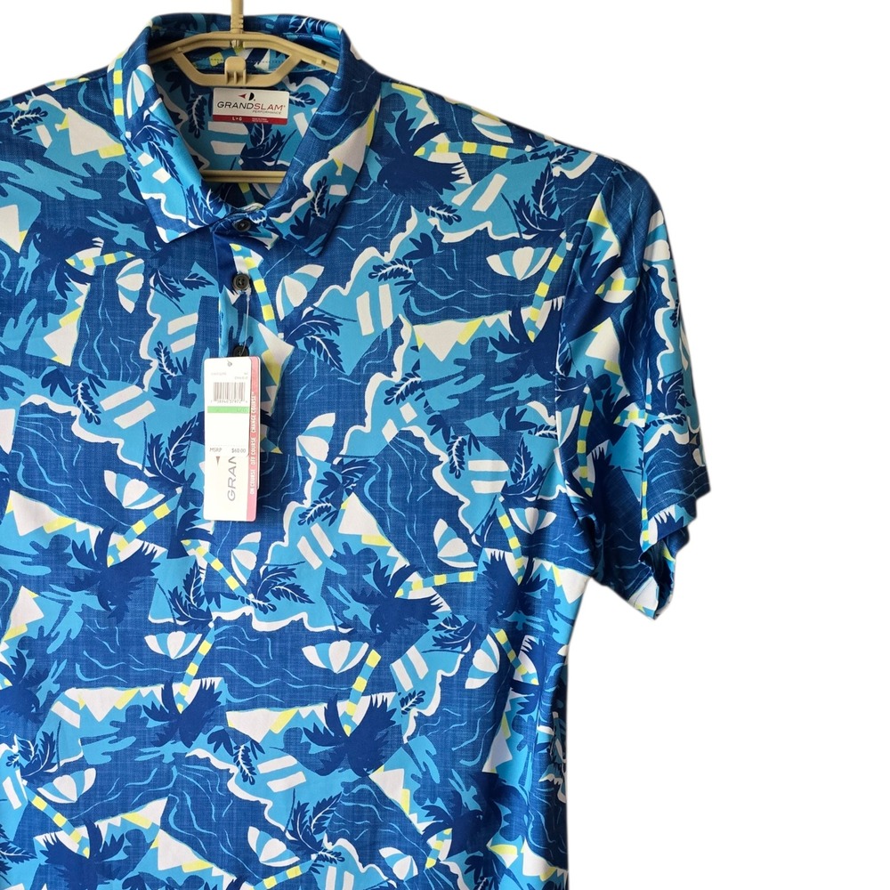 GRAND SLAM Performance Mens Golf Polo Shirt Blue Tropical Print Size Large